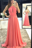 Charming Scoop A-Line Long Watermelon Chiffon Backless Sleeveless Prom Dresses uk PH318