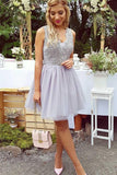 A-Line V-Neck Short Lilac Above Knee Tulle Appliques Homecoming Dress with Lace PM322