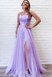 Gorgeous A Line Spaghetti Straps Light Blue Tulle Prom Dress with Appliques PD02