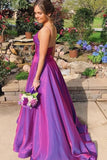 A Line Grape Spaghetti Straps Satin V-Neck Long Prom Dresses P1393