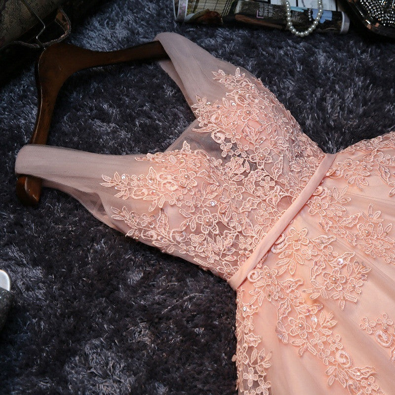 Lace Appliqued Tulle Blush Pink Short Prom Dress,Sweet 16 Dress