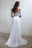 A-Line Long Lace Ivory Chiffon Off the Shoulder Short Sleeve Two Pieces Wedding Dresses UK PH383
