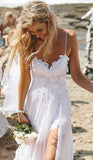 Beach Simple Casual White Tulle A-line Princess V neck Spaghetti Straps Wedding Dress PM136
