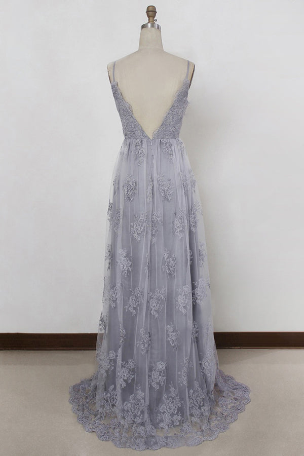 Sheath Spaghetti Straps Sweep Train Backless Lavender Tulle with Appliques Prom Dresses uk