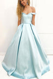 Light Blue A Line Brush Train Off Shoulder Sweetheart Sleeveless Prom Dresses PH576