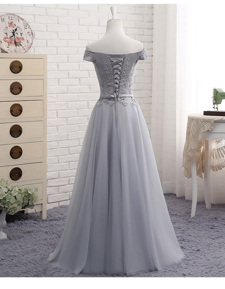 Cute A line Gray Lace Off Shoulder Lace-up Prom Dress with Appliques,Graduation Dresses,PM105