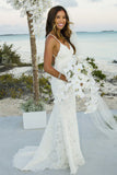 Mermaid Spaghetti Straps Sweep Train Ivory Sleeveless Lace Backless V-Neck Wedding Dress PM234