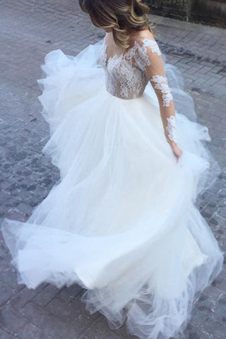 White Excellent Tulle Bateau Neckline Long Sleeves A-line Appliques Wedding Dresses PH615