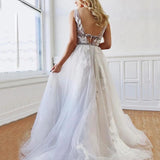 A Line Deep V-Neck Backless White Tulle Prom Dress With Appliques Evening Dress P1275