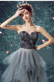 Elegant High Low Strapless Sweetheart Feathers Tulle Gray Prom Dress with Lace up P1447