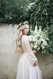 Princess Lace Top Long Sleeve Slit Tulle Ivory Gowns Beach Wedding Dress W1160