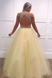 Light Yellow Tulle Beading V-Neck Long Prom Dress with Open Back Evening Dress P1381