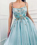 Elegant A Line Spaghetti Straps Tulle Scoop Prom Dress with Appliques Formal Dress P1396