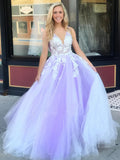 Charming Ball Gown V-Neck Tulle Lace Appliques Prom Dress Evening Dress P1508