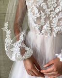 Jewel See Through Long Sleeve Ivory Lace Appliques Prom Dress Wedding Dress P1402