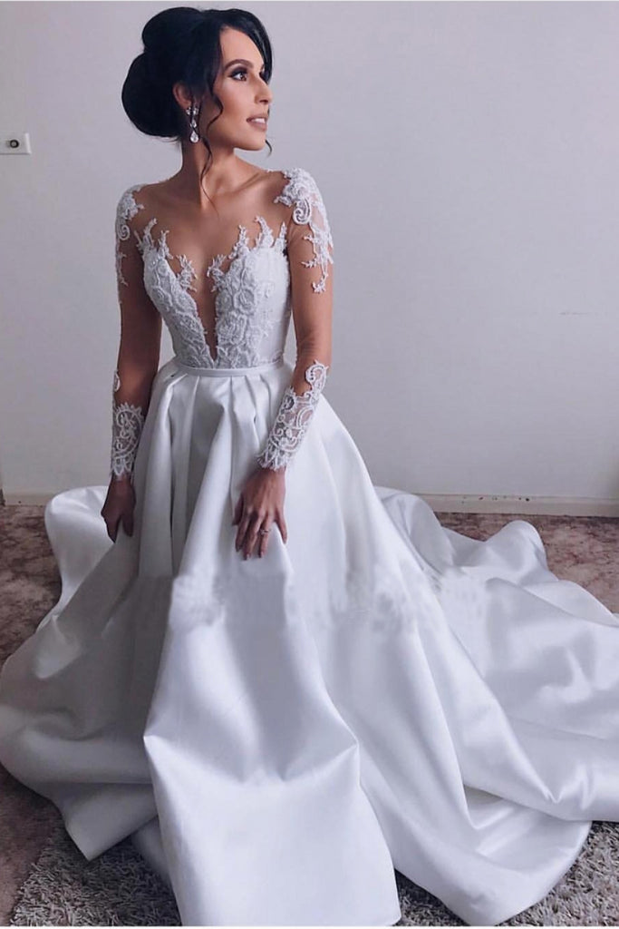 A Lin Ivory Long Sleeve Satin Lace Sweep Train Wedding Dresses, Long Bridal Dresses uk PW410