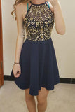 Unique Round Neck  Rhinestones Short Dark Blue Chiffon Homecoming Dresses uk PH806