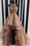 Halter Top Illusion Rhinestone Beaded Hi-Low Tulle Most Popular Long Prom Dresses uk PM623