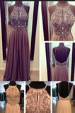 A Line Spaghetti Straps Backless Chiffon Orange Beads Long Prom Dress