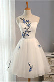 A Line White Embroidery Short Knee-length Tulle Sleeveless Open Back Homecoming Dress PM211