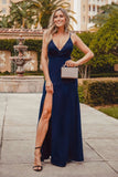 Sexy V Neck Long Spaghetti Straps Mermaid Navy Blue Prom Dresses with High Split P1174