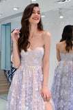 Charming Sweetheart Strapless Lace Appliques Lilac Prom Dress with Slit P1484