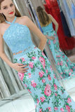 Elegant Mermaid Halter Two Pieces Blue Floral Prom Dresses, Beads Evening Dresses P1289