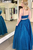 Sparkly Two Pieces Mykonos Blue Appliques Spaghetti Straps Prom Dress P1481