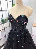 Elegant A Line Sweetheart Strapless Black Tulle Prom Dress with Beading P1442