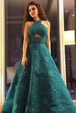 Unique A Line Green Halter Beading Satin Long Prom Dresses, Cheap Evening Dresses P1379