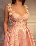 A Line Pink Sweetheart Lace Prom Dress with Lace Appliques Long Dance Dress P1551