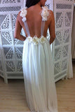 A-Line V-Neck Floor Length Backless Chiffon Tulle Wedding Dress with Handmade Flower PM640