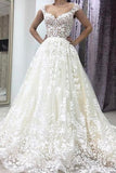 A-Line Deep V-neck Court Train Sleeveless Ivory Lace Wedding Dress with Appliques