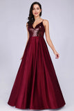 Deep V-Neck Long Sleeveless Spaghetti Straps Burgundy Satin Evening Prom Dress P1187