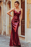 Sexy Spaghetti Straps Burgundy Sequins V Neck Party Dresses Mermaid Prom Dresses P1170