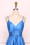 A Line Spaghetti Straps V-Neck Satin Backless Prom Dress P1493