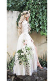 Princess Lace Top Long Sleeve Slit Tulle Ivory Gowns Beach Wedding Dress W1160