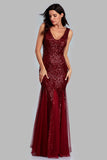 Sexy Burgundy Tulle V-Neck Mermaid Sequin Prom Dresses XU90813