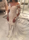 Long Sleeve Sparkly Mermaid V-Neck Beads Wedding Dress With Applique W1153