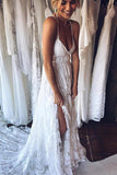 A-Line V-Neck Criss-Cross Straps Backless Court Train Lace Slit Beach Wedding Dress PM356