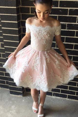 Cute A Line Off-the-shoulder Pink Short Prom Dresses with Lace Appliques PM318