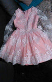 Cute A-line Long Sleeves Pink Short Lace Appliques V-Neck Homecoming Dress PM45