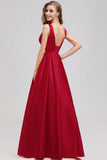 A Line Satin Red Deep V-Neck Backless Prom Dress Dance Dress P1189