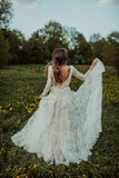 Charming Long Sleeves Lace V-Neck Bohemian Backless Beach Wedding Dress W1256