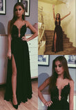 A Line Black Beads Chiffon Prom Dress with Appliques Split Long Evening Dress P1503