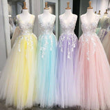 Charming Ball Gown V-Neck Tulle Lace Appliques Prom Dress Evening Dress P1508