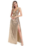 A Line Spaghetti Straps Sequins V-Neck Backless Prom Dress with Side Slit Formal Dress P1196