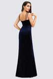 Spaghetti Straps V-Neck Velvet Dark Navy Blue Mermaid Evening Dresses P1183