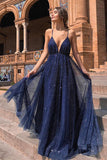 Flowy A Line Spaghetti Straps Long V-Neck Prom Dress with Sequins P1208