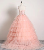 Princess Ball Gown Pink 3D Lace Multi-layered Prom Dress Tulle Quinceanera Dress P1244